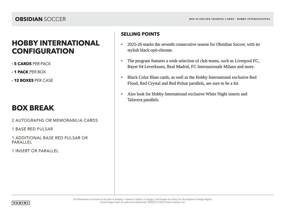 Project Mozi Breaks – Break #728 1.0 PYTP: 2025-26 Panini Obsidian Soccer Hobby International full case 12 box break
