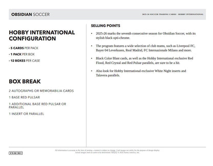 Project Mozi Breaks – Break #728 1.0 PYTP: 2025-26 Panini Obsidian Soccer Hobby International full case 12 box break